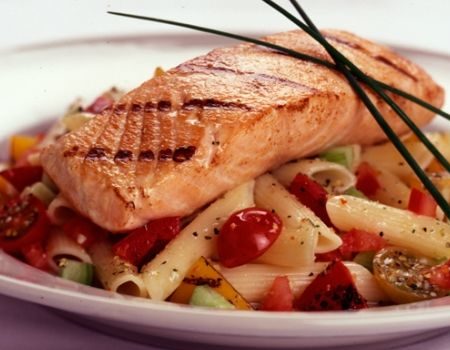 Image of Pasta Salad With Tomatoes and Grilled Salmon