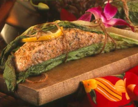 Image of Salmon Grilled Between Romaine Lettuce Leaves Recipe